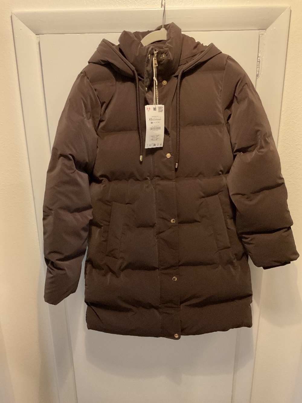 Zara Midi Puffer Coat, Chocolate Brown Color, Size XS